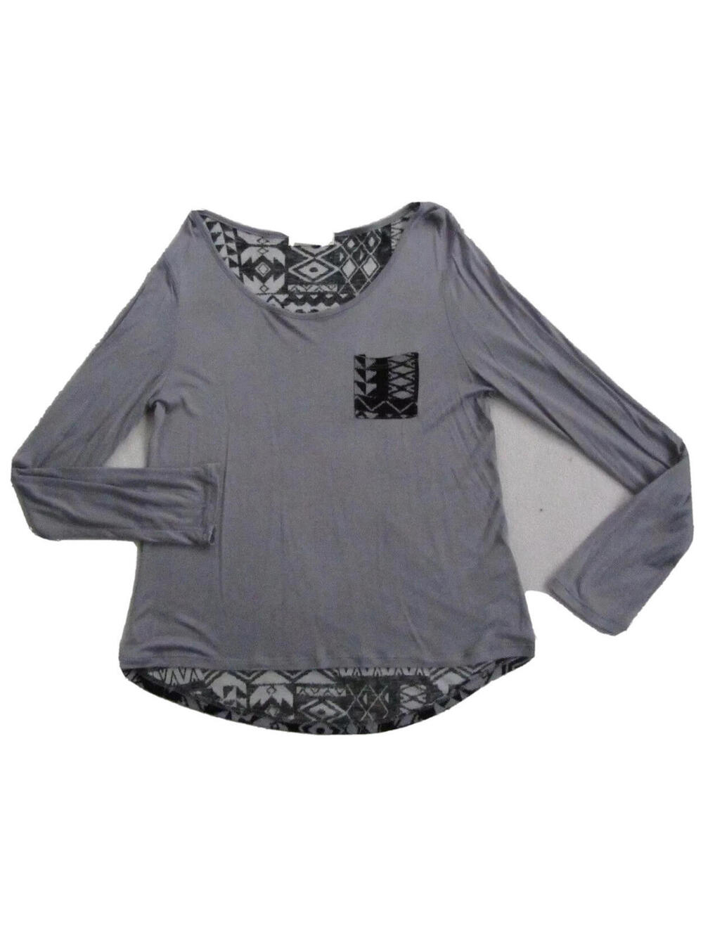 Heart Hips Women's Junior's Boat Neck Gray Tribal Blouse Shirt - L